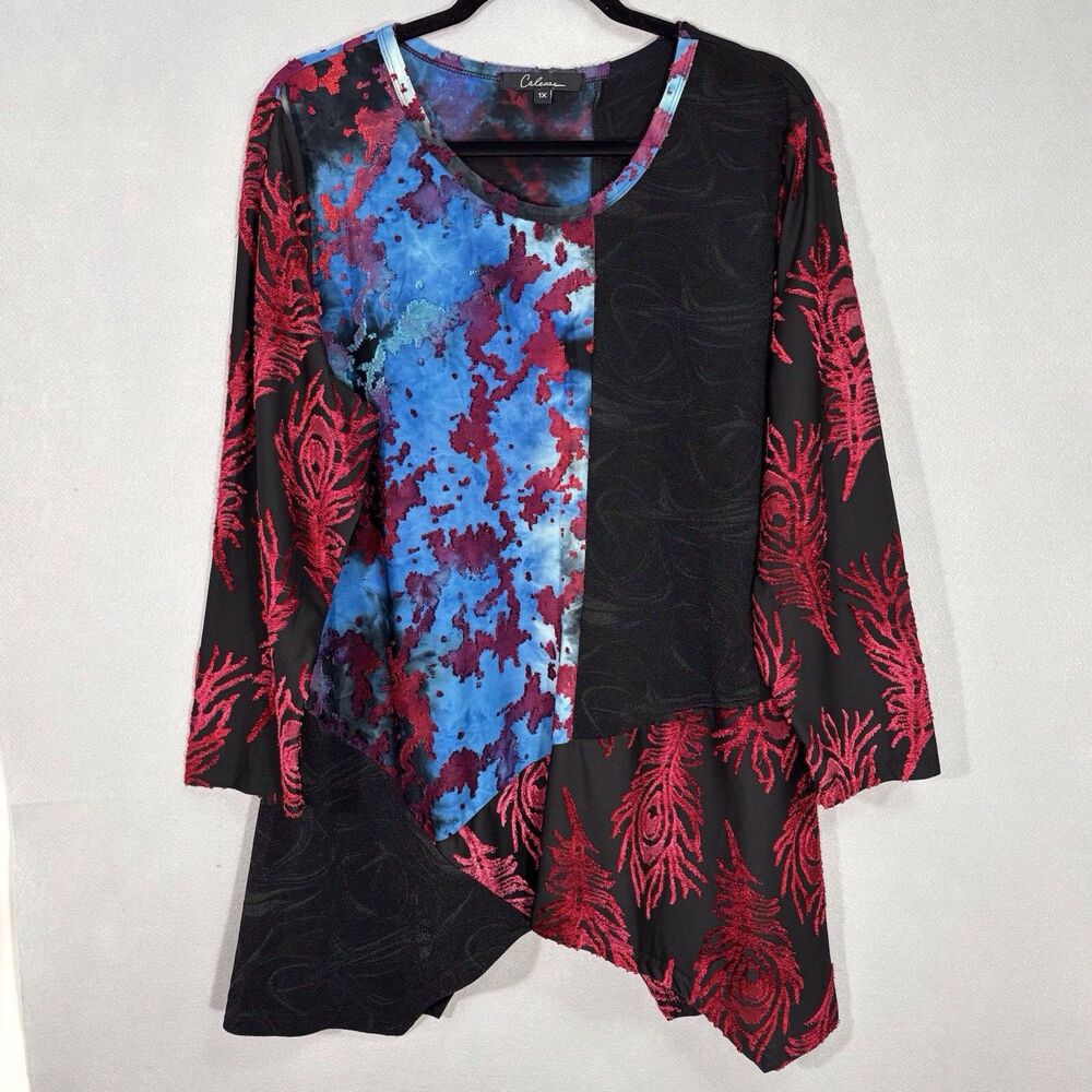 Calessa Textured Tunic Top Women’s Size 1X Black Red Blue Colorblock